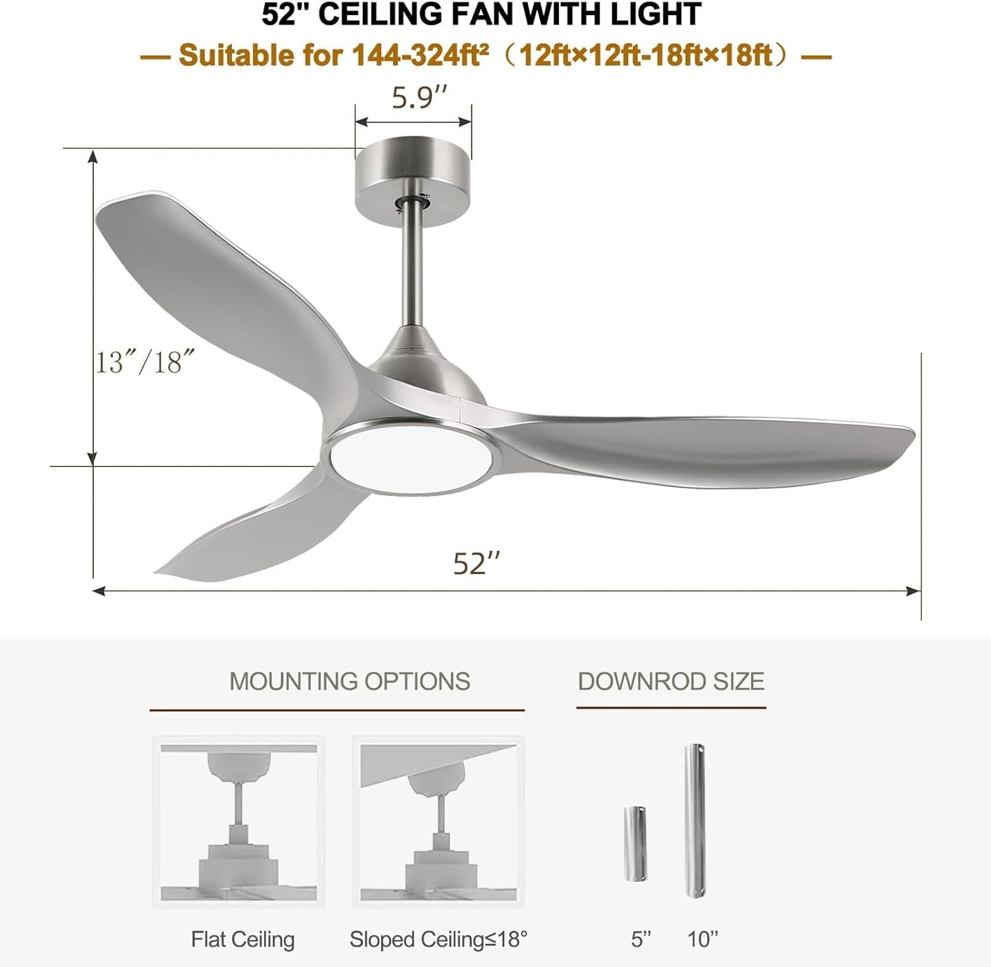 52 Inch Quiet DC Motor 6 Speed High CFM Modern Ceiling Fan with Lights