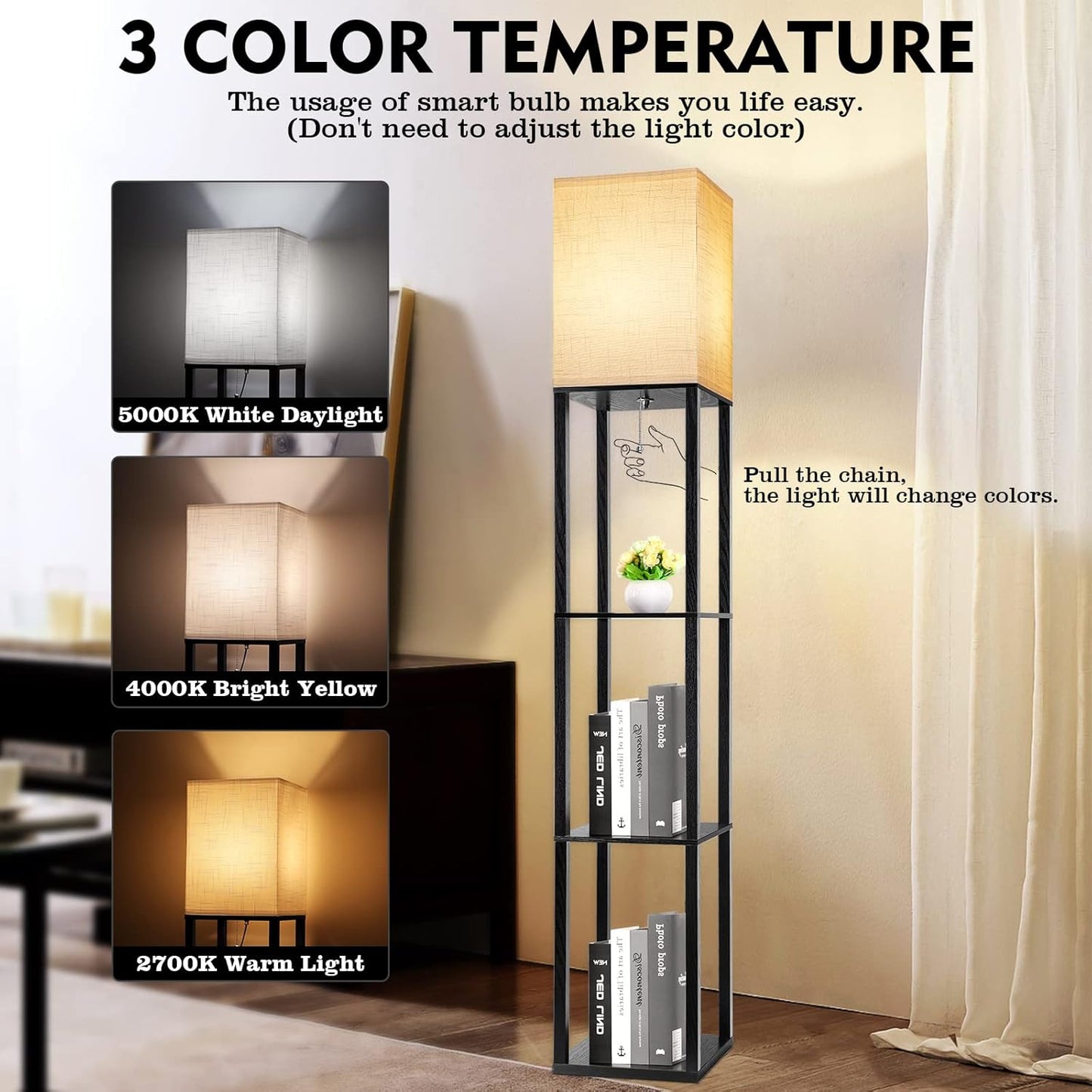 3-Shelf Floor Lamp with LED Bulbs - Modern Standing Display Shelf Lamp for Living Room, Bedroom and Office (Black)