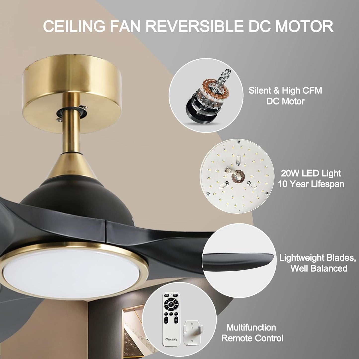 52 Inch Quiet DC Motor 6 Speed High CFM Ceiling Fan with Lights Remote