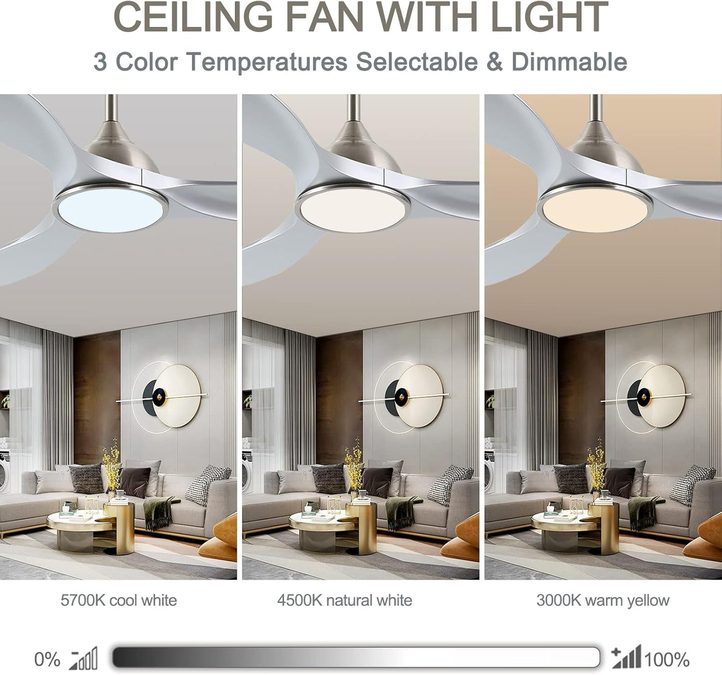 52 Inch Quiet DC Motor 6 Speed High CFM Modern Ceiling Fan with Lights