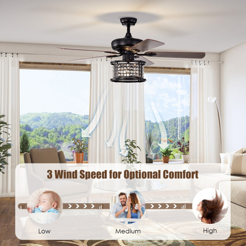 52 Inch 3-Speed Crystal Ceiling Fan Light with Remote Control