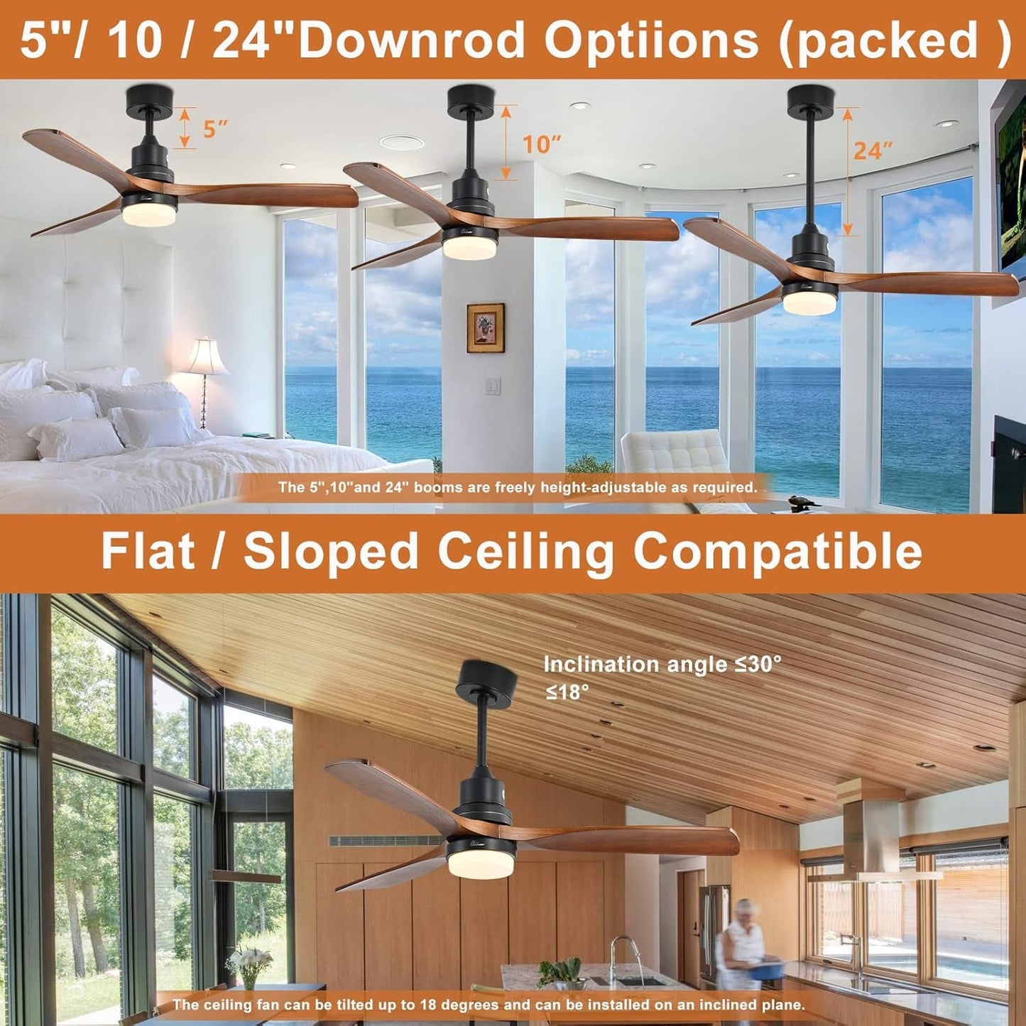 52" Ceiling Fan with Lights Remote Control, 3 Poles for Indoor Outdoor