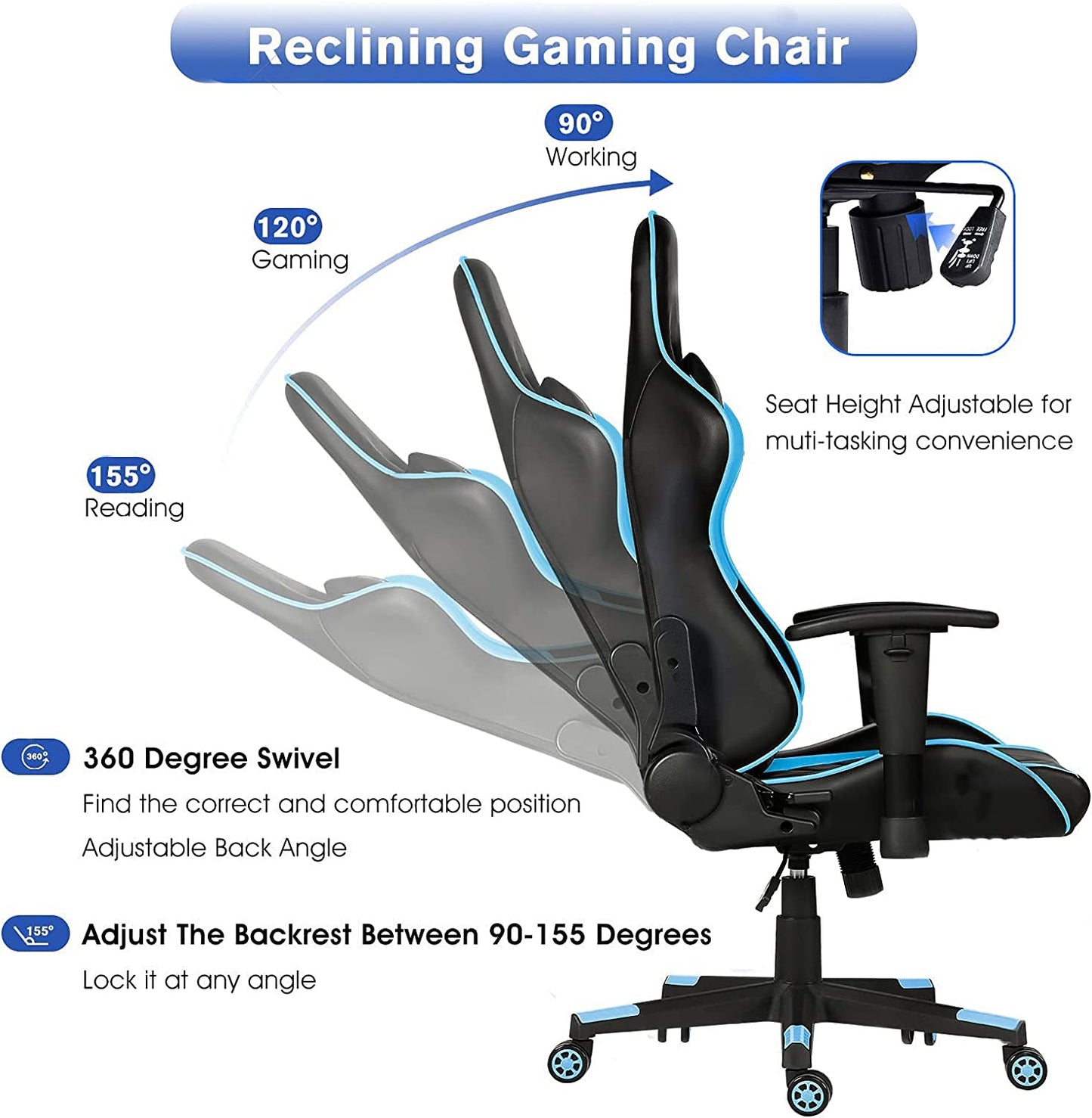 Ergonomic Video Gaming Chair 400 Lb Weight Capacity, Office Computer Chair with Headrest Lumbar Support, Reclining Racing Chair, Game Chair with Adjustable Armrest, Blue