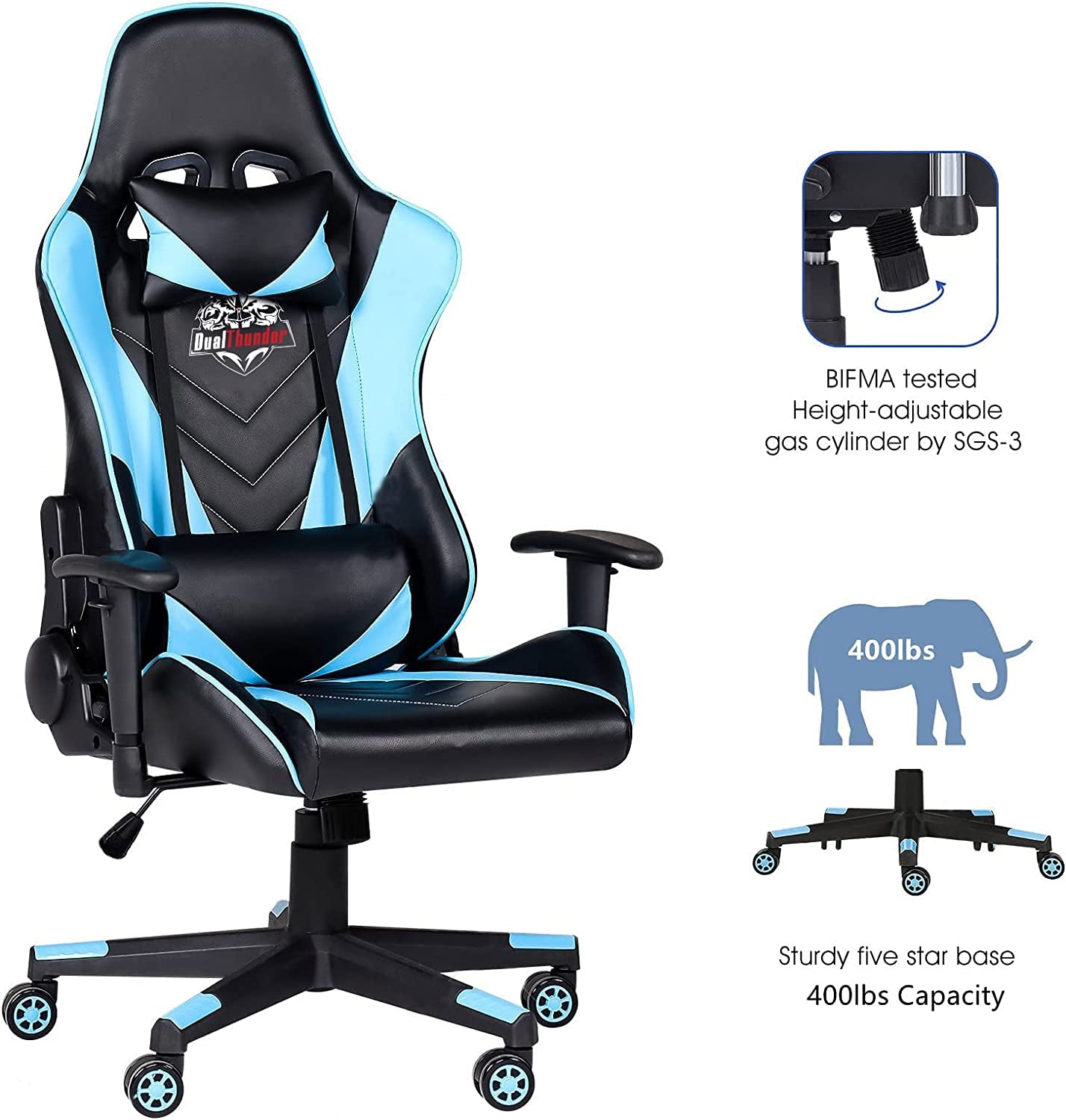 Ergonomic Video Gaming Chair 400 Lb Weight Capacity, Office Computer Chair with Headrest Lumbar Support, Reclining Racing Chair, Game Chair with Adjustable Armrest, Blue