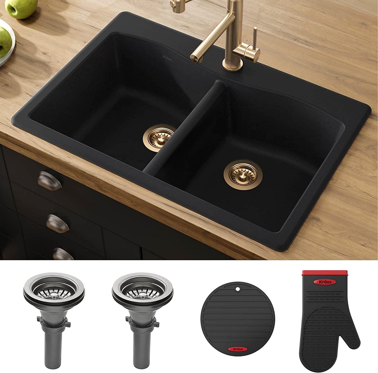 Forteza 33-Inch Drop In/Undermount 50/50 Double Bowl Granite Kitchen Sink in Black, KGD-52BLACK