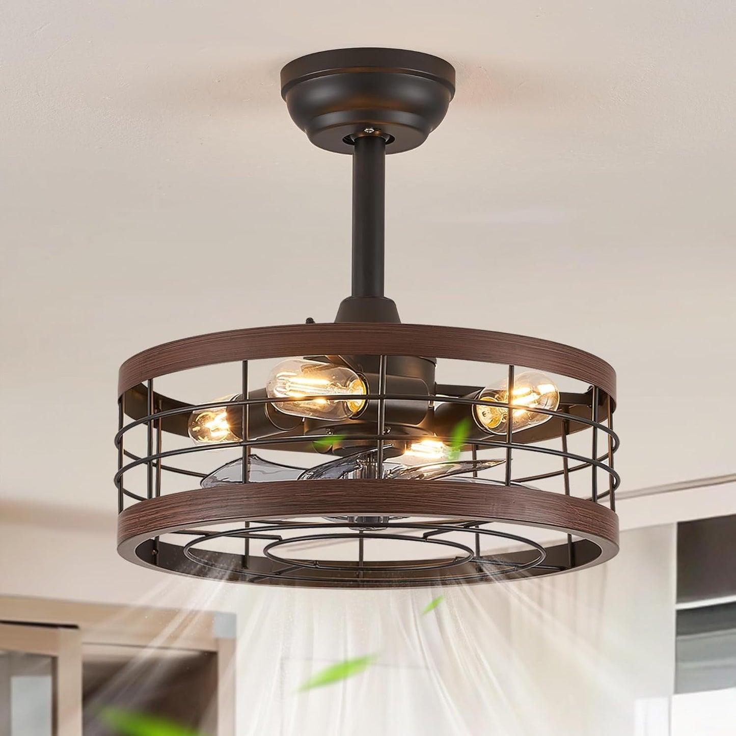 16.5In Caged Ceiling Fan with Light, Bladeless Industrial Ceiling Fan