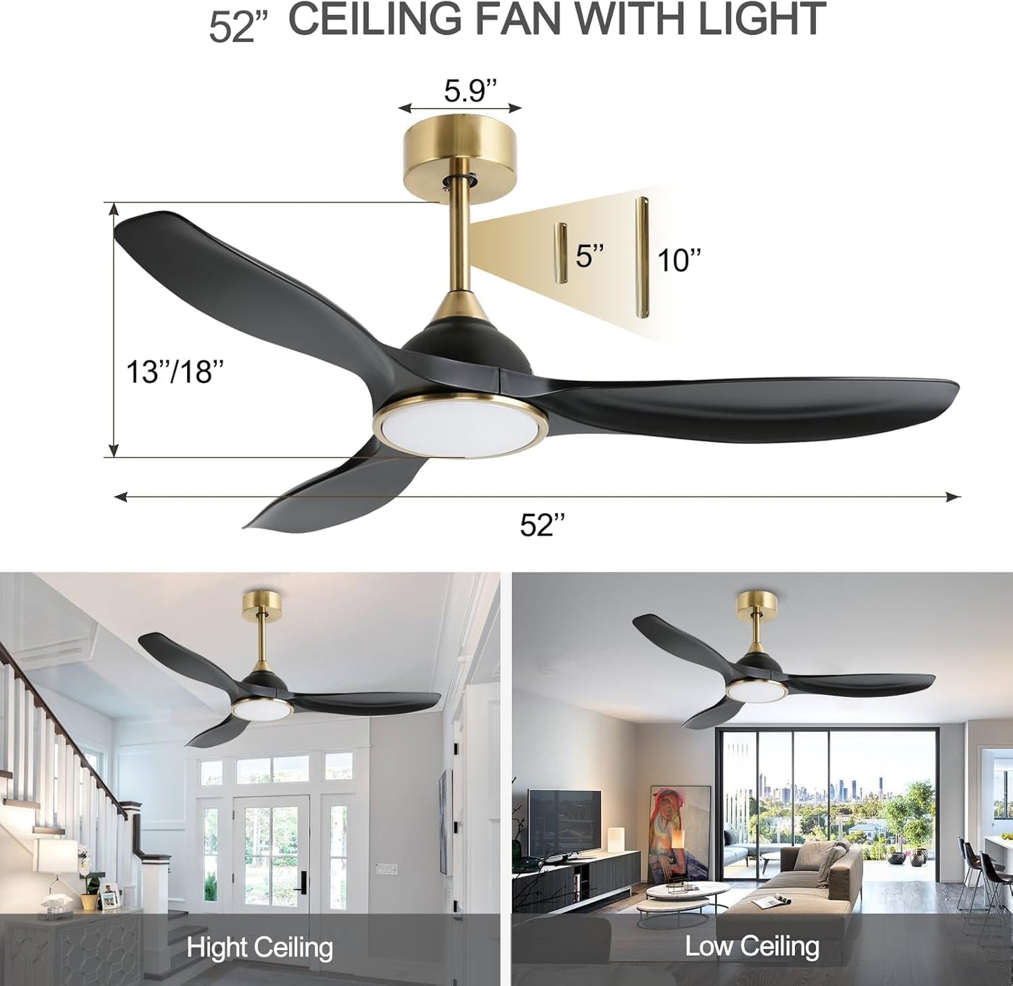 52 Inch Quiet DC Motor 6 Speed High CFM Ceiling Fan with Lights Remote