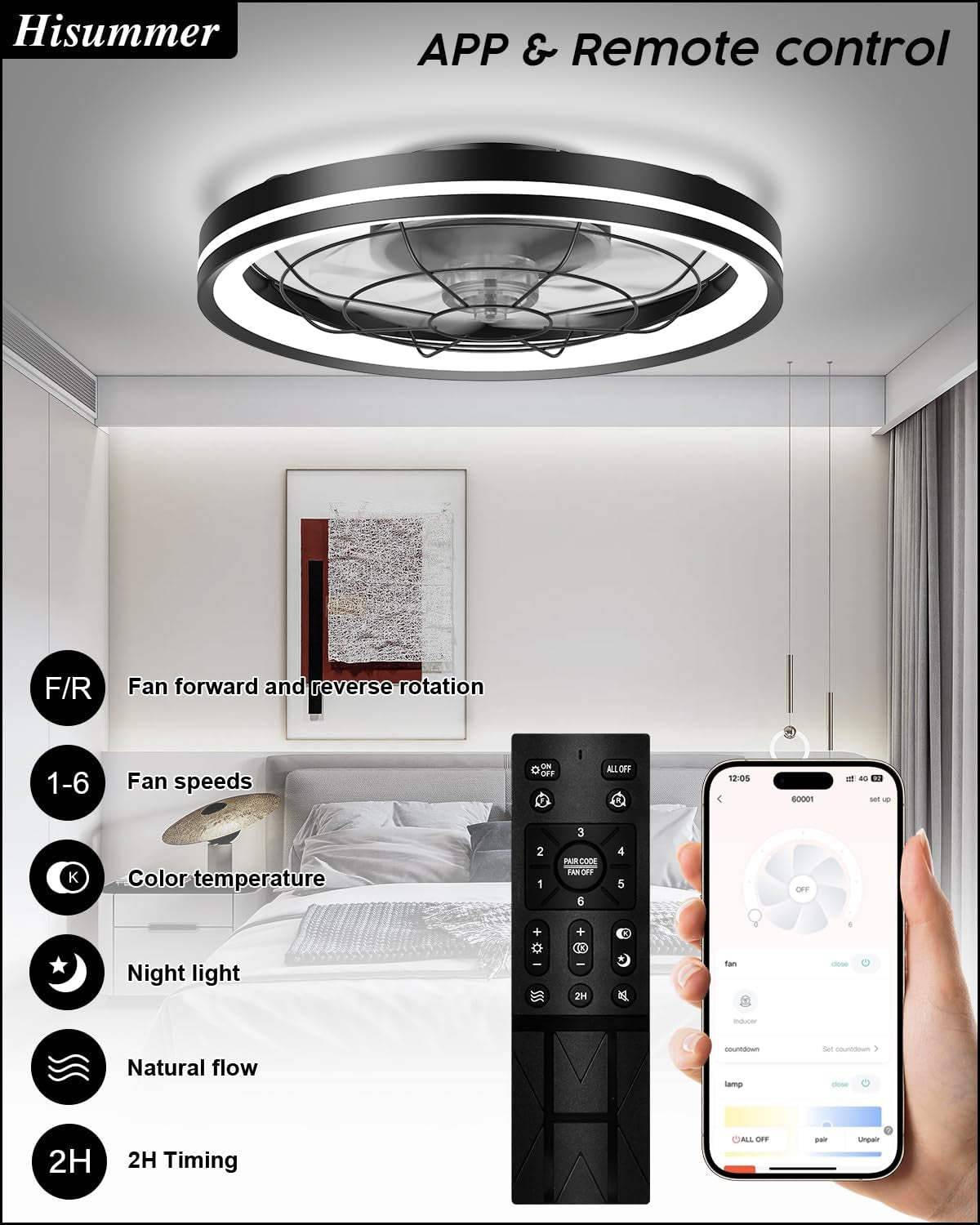 Low Profile Ceiling Fan with Light and Remote Bladeless Bedroom