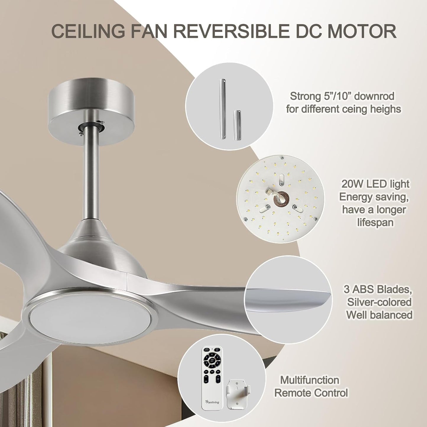 52 Inch Quiet DC Motor 6 Speed High CFM Modern Ceiling Fan with Lights