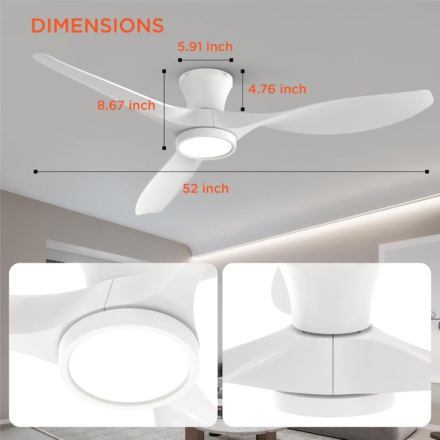 52 Inch Ceiling Fans with Lights Remote Control, Modern Low Profile