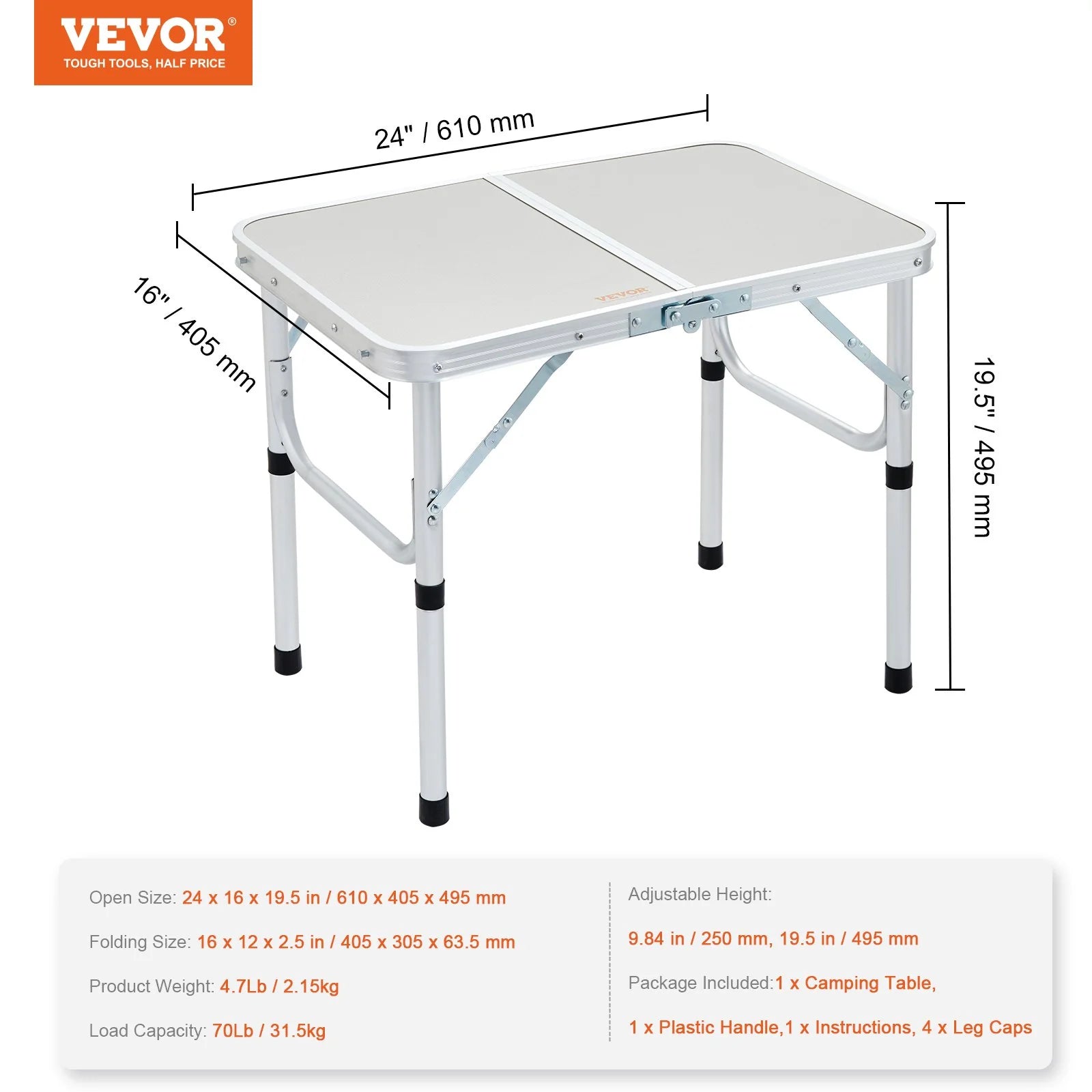 VEVOR Folding Camping Table, Adjustable Height Outdoor Portable Side Tables, Lightweight Fold up Table, Aluminum & MDF Ultra Compact Work Table, for Cooking, Beach, Picnic, Travel, 24X16 Inch, Silver