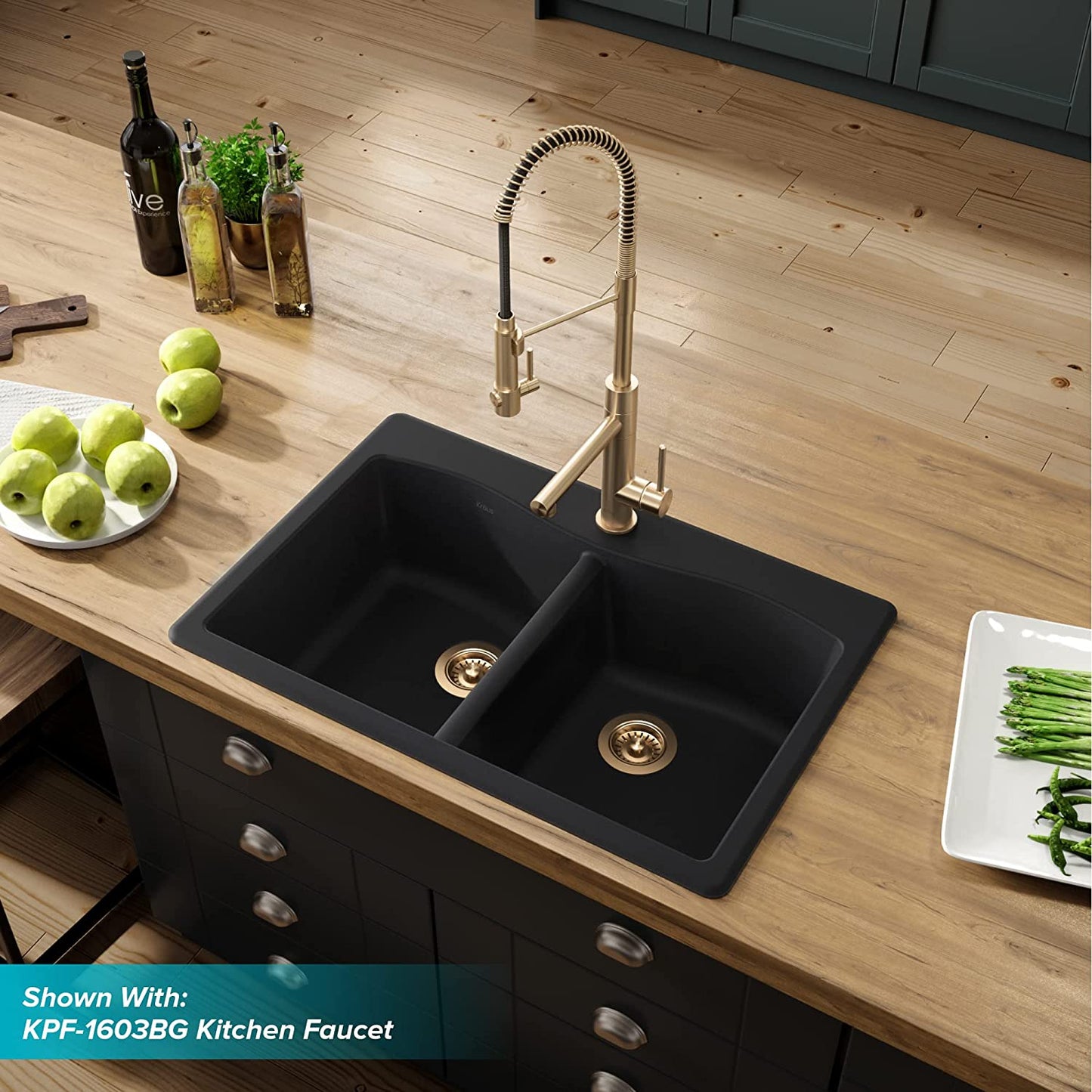 Forteza 33-Inch Drop In/Undermount 50/50 Double Bowl Granite Kitchen Sink in Black, KGD-52BLACK