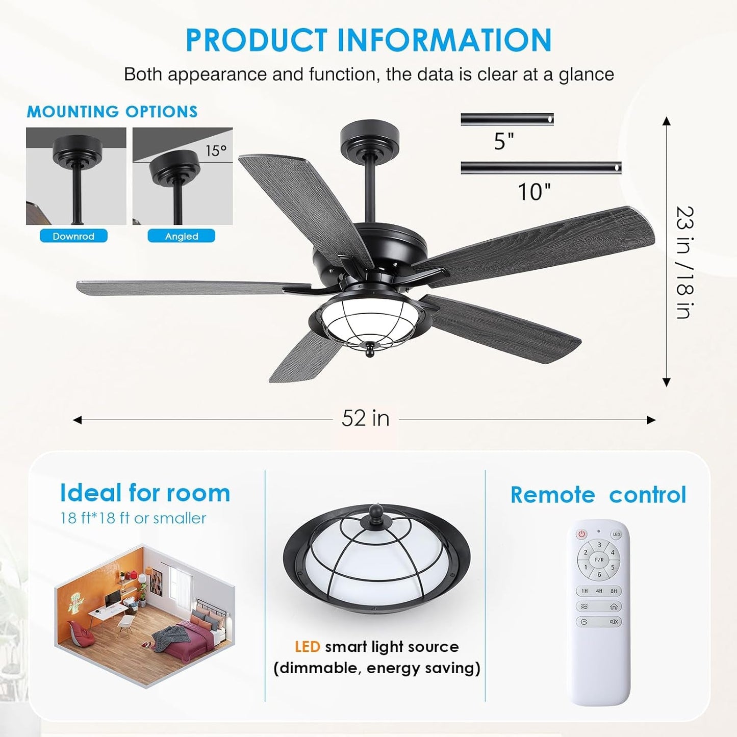 52" Ceiling Fan with Lights and Remote - Indoor/Outdoor Ceiling Fans,