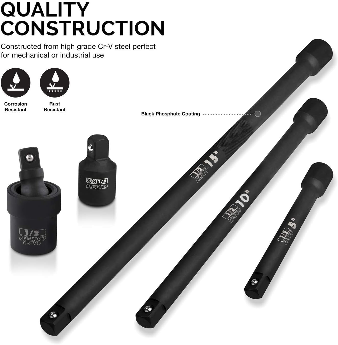 00256A 1/2-Inch Drive Impact Extension Bar and Adapter Set, 5-Piece | Includes 5, 10, 15-Inch Extension Bars, Universal Joint, and Reducer