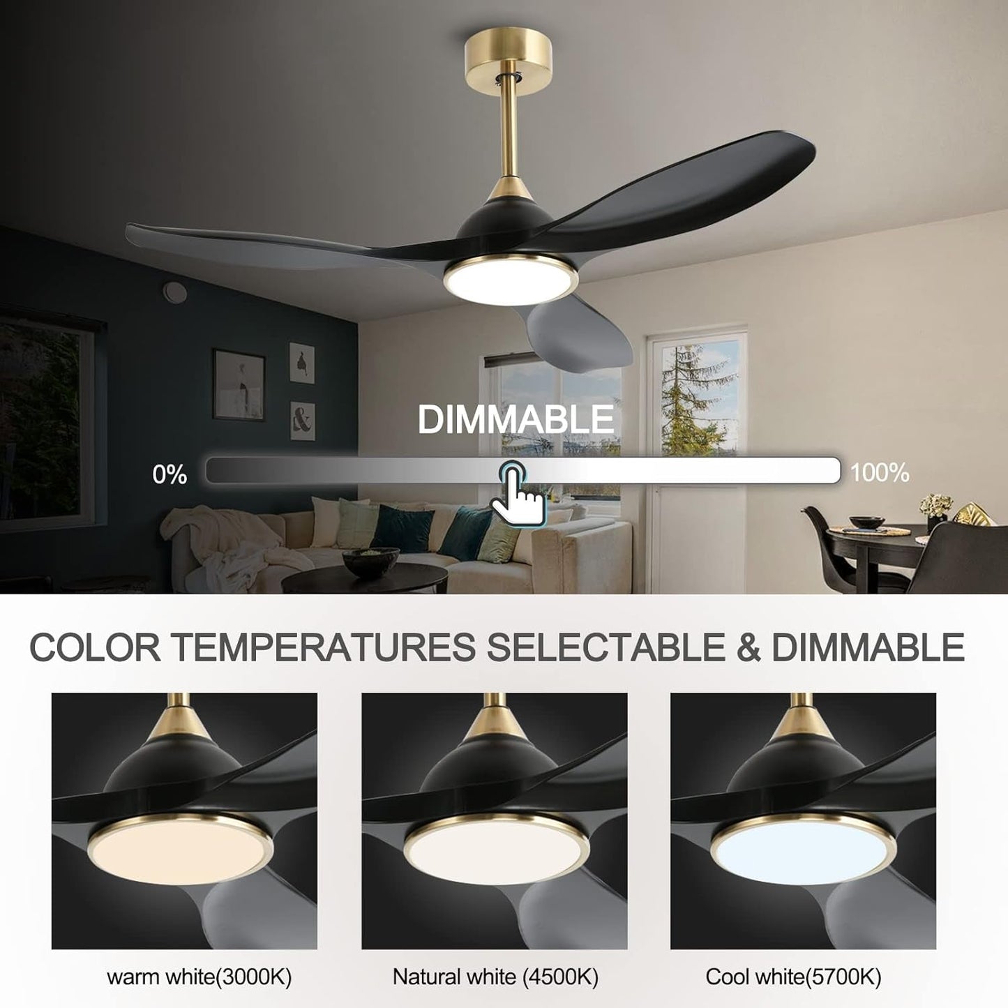 52 Inch Quiet DC Motor 6 Speed High CFM Ceiling Fan with Lights Remote