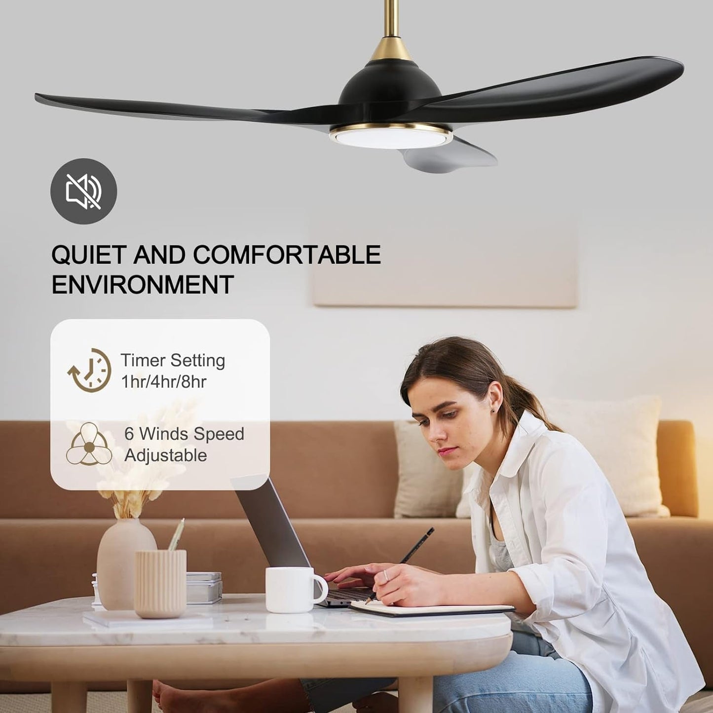 52 Inch Quiet DC Motor 6 Speed High CFM Ceiling Fan with Lights Remote