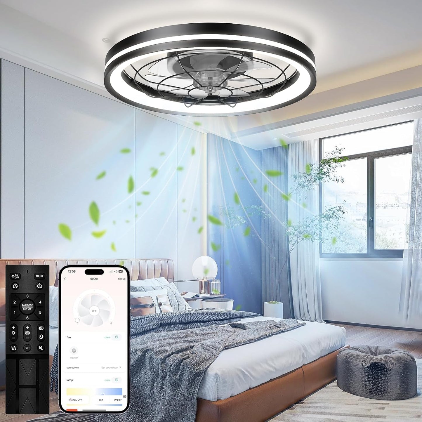 Low Profile Ceiling Fan with Light and Remote Bladeless Bedroom