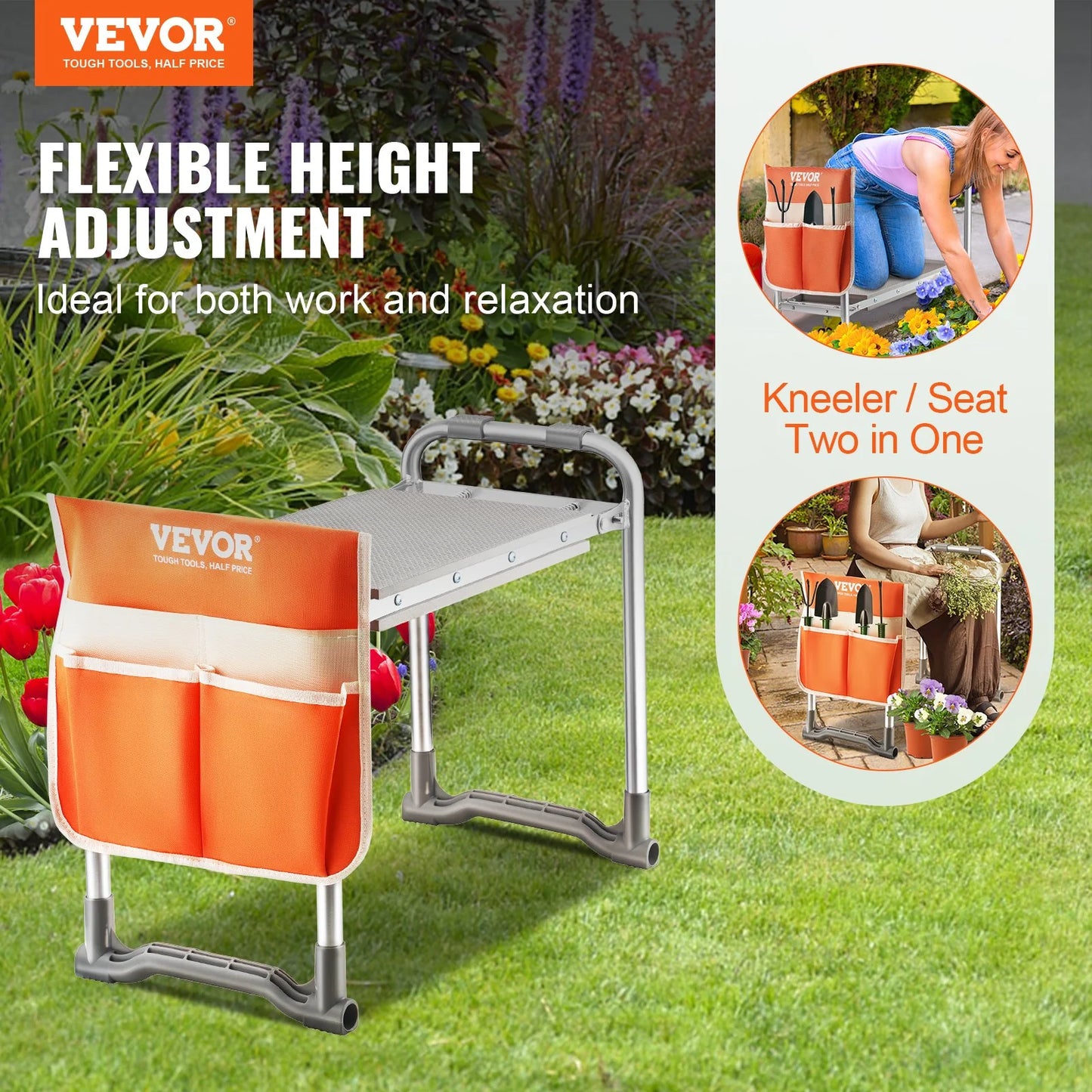 VEVOR Garden Kneeler and Seat, 10 EVA Wide Pad, 330 Lbs Load Capacity Foldable Garden Stool, Kneeling Bench for Gardening with Tool Bag, Gifts for Women, Grandparents, Seniors, Mom and Dad