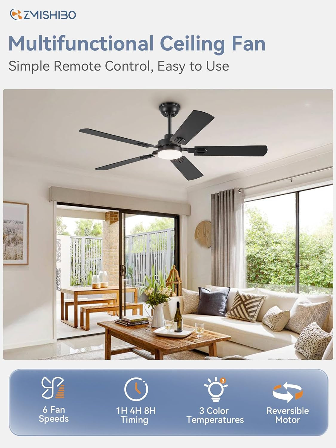 52" Ceiling Fans with Lights, Black Modern Ceiling Fan with Remote,