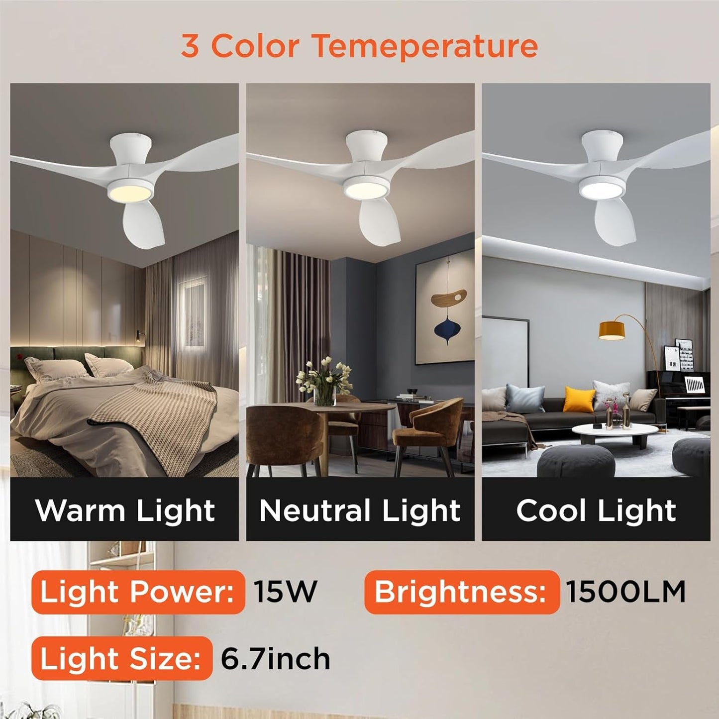 52 Inch Ceiling Fans with Lights Remote Control, Modern Low Profile