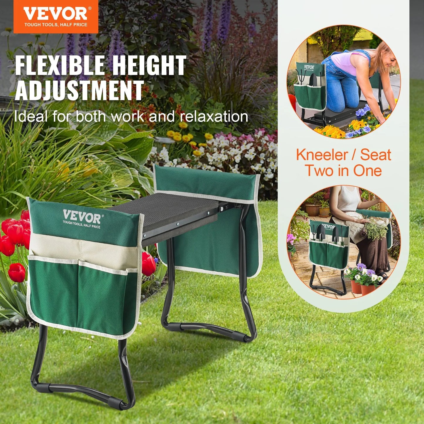 VEVOR Garden Kneeler and Seat, 330 Lbs Load Capacity, 8 EVA Wide Pad, Foldable Garden Stool, Kneeling Bench for Gardening with Tool Bag, Gifts for Women, Grandparents, Seniors, Mom and Dad