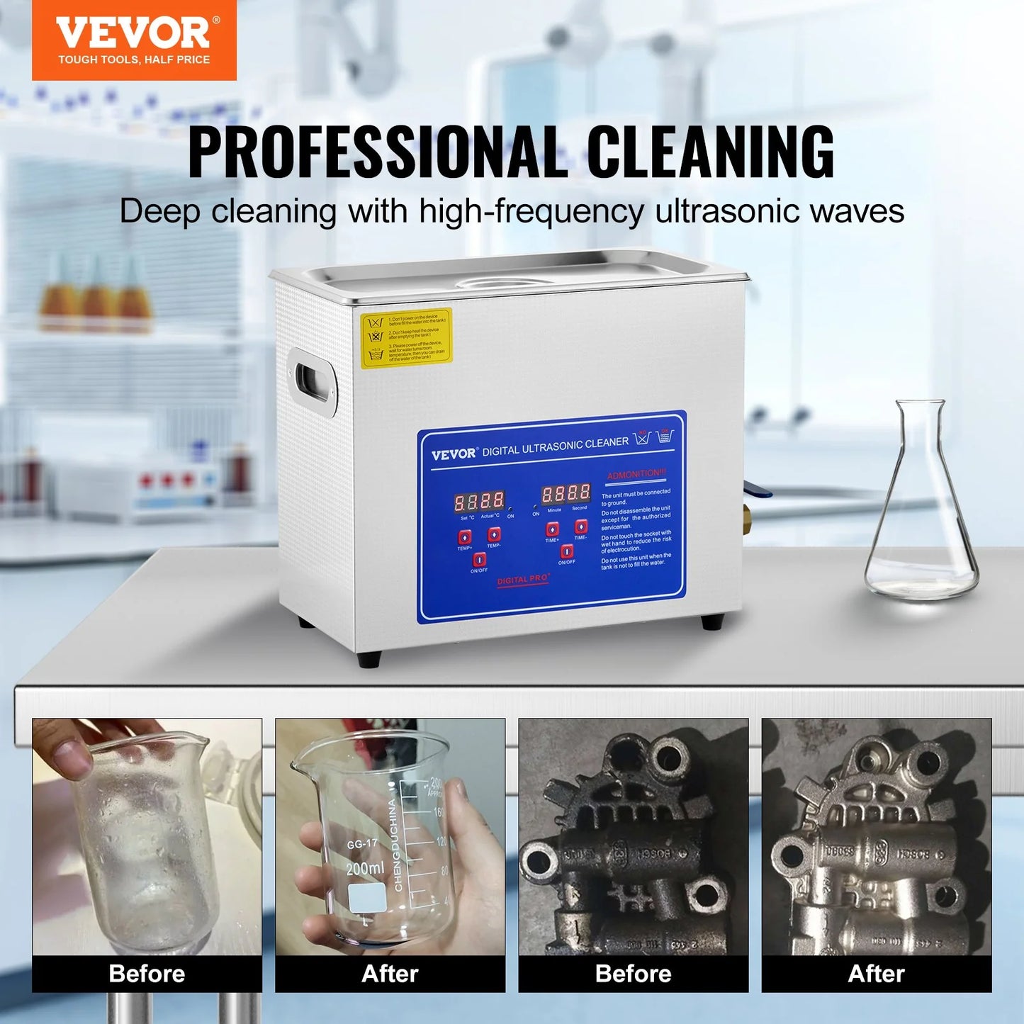 VEVOR Commercial Ultrasonic Cleaner 6L Professional Ultrasonic Cleaner 40Khz with Digital Timer&Heater 110V Excellent Cleaning Machine for Watch Instruments Industrial Parts Excellent Cleaner Solution