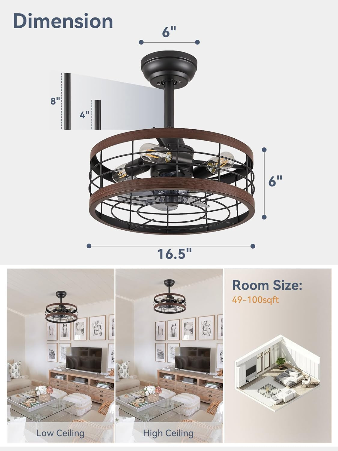 16.5In Caged Ceiling Fan with Light, Bladeless Industrial Ceiling Fan