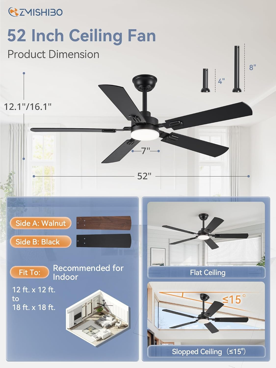 52" Ceiling Fans with Lights, Black Modern Ceiling Fan with Remote,