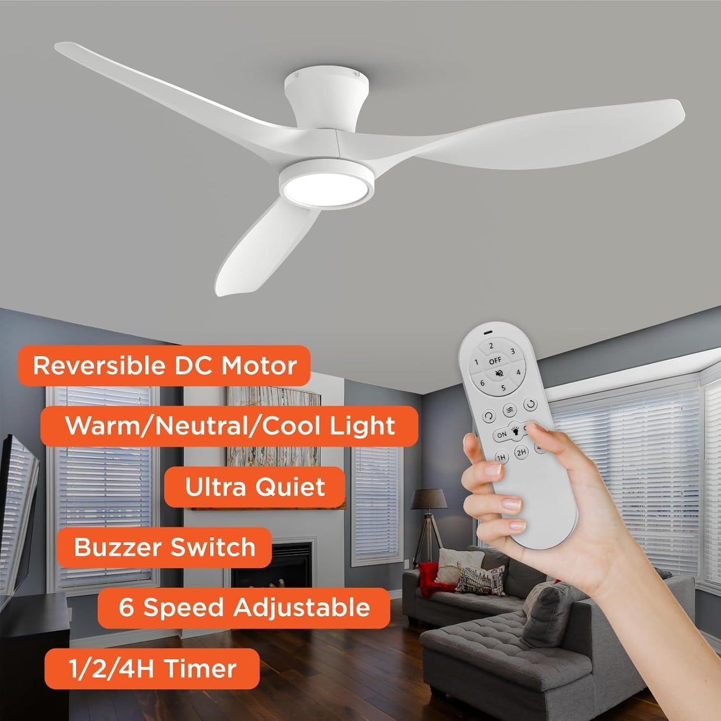 52 Inch Ceiling Fans with Lights Remote Control, Modern Low Profile