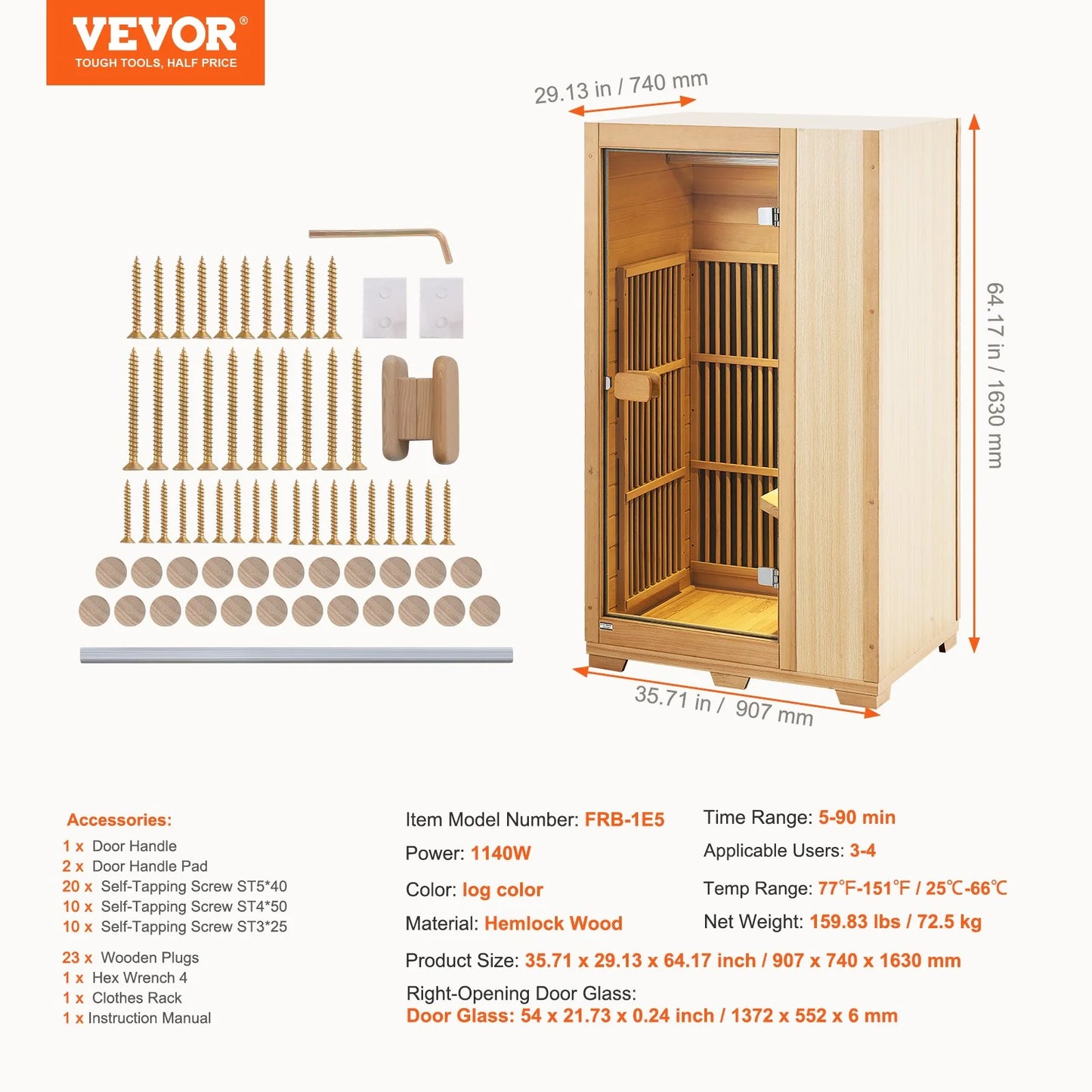 VEVOR Far Infrared Wooden Sauna, Room Home Sauna Spa for One Single Person, Low EMF Far Infrared Hemlock Wood Sauna with Tempered Glass Door & LED Reading Lamp & Bluetooth Speakers, 1140W Indoor Use