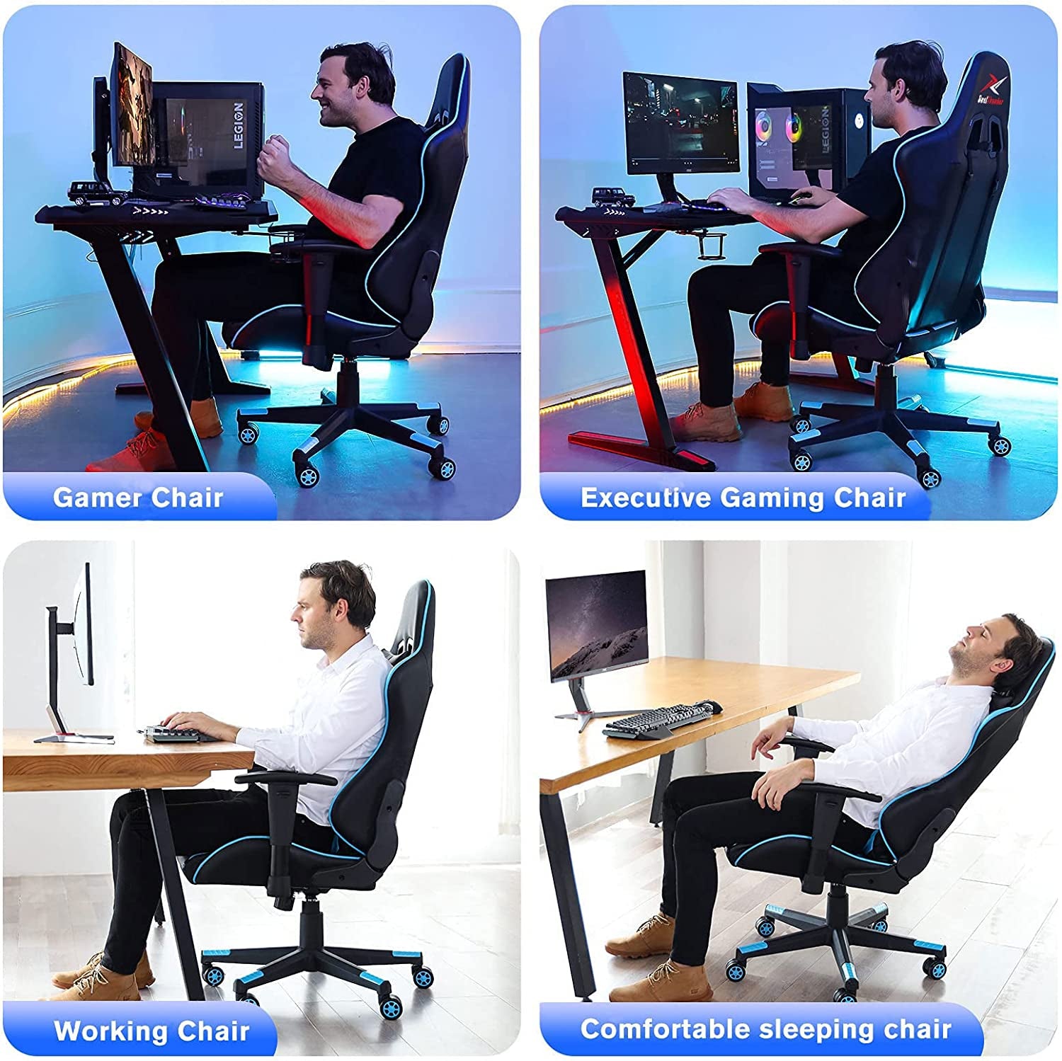 Ergonomic Video Gaming Chair 400 Lb Weight Capacity, Office Computer Chair with Headrest Lumbar Support, Reclining Racing Chair, Game Chair with Adjustable Armrest, Blue