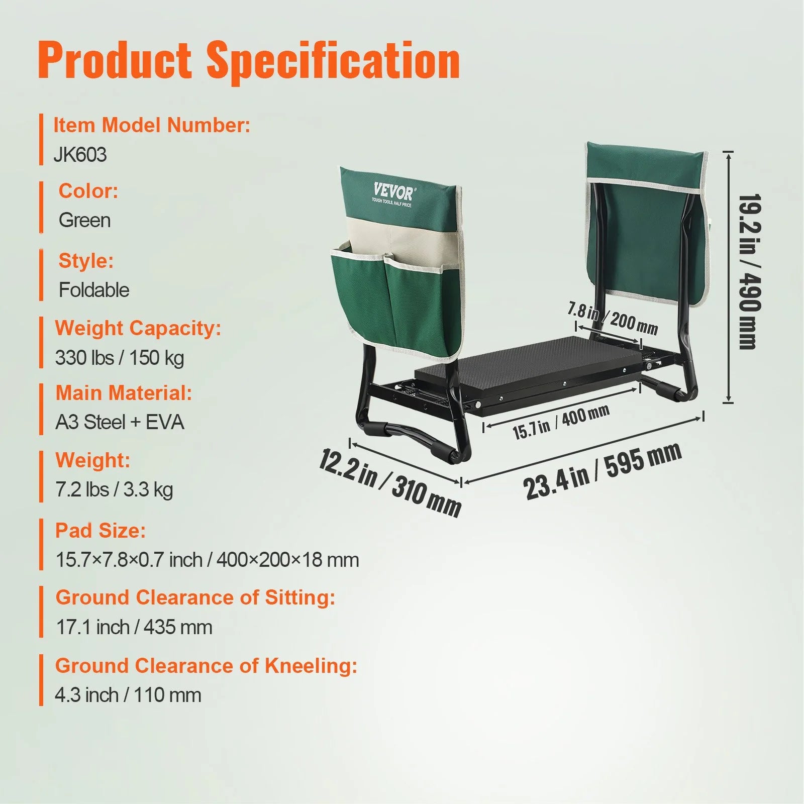 VEVOR Garden Kneeler and Seat, 330 Lbs Load Capacity, 8 EVA Wide Pad, Foldable Garden Stool, Kneeling Bench for Gardening with Tool Bag, Gifts for Women, Grandparents, Seniors, Mom and Dad